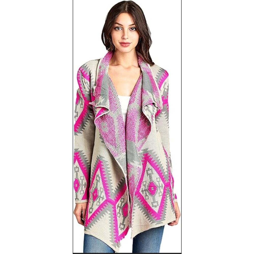 Mohair Wool Aztec Pink Open Waterfall Cardigan Renee C Made in USA Medium